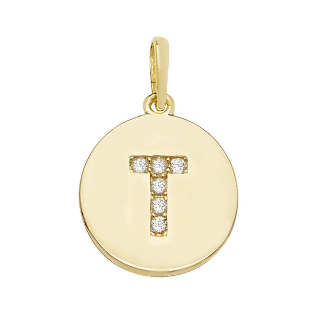 Buy Boys 9ct Gold 12mm Cubic Zirconia Round Disc Initial T Pendant by World of Jewellery