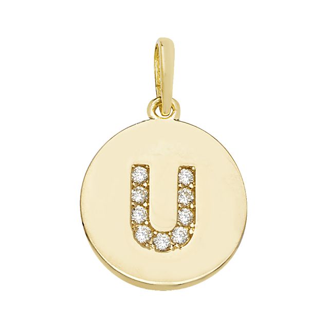 Buy Boys 9ct Gold 12mm Cubic Zirconia Round Disc Initial U Pendant by World of Jewellery
