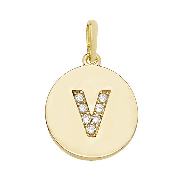 Buy 9ct Gold 12mm Cubic Zirconia Round Disc Initial V Pendant by World of Jewellery