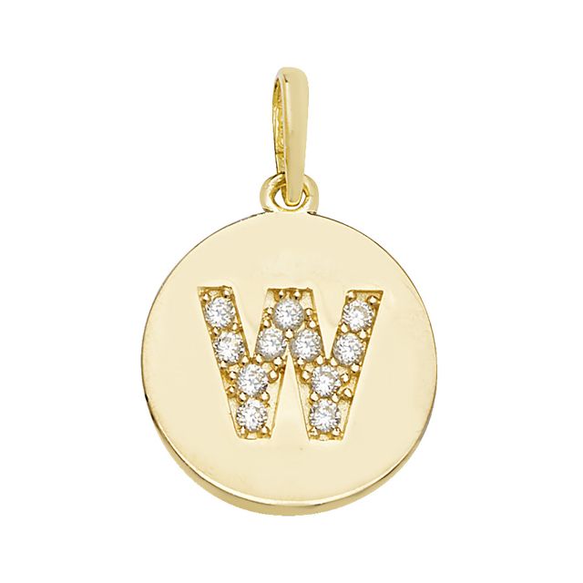 Buy Mens 9ct Gold 12mm Cubic Zirconia Round Disc Initial W Pendant by World of Jewellery