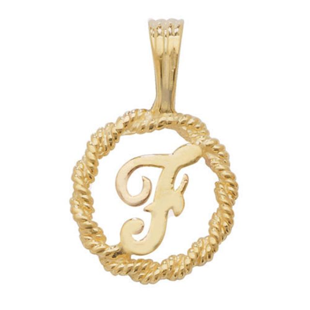 Buy 9ct Gold 14mm Round Rope Edge Initial F Pendant by World of Jewellery