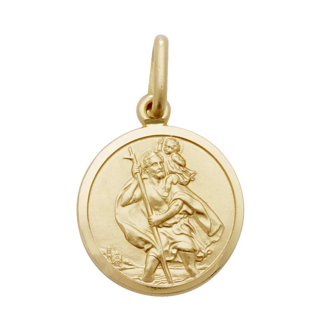 Buy Mens 9ct Gold 14mm Plain Round Engravable Back St Christopher Pendant by World of Jewellery