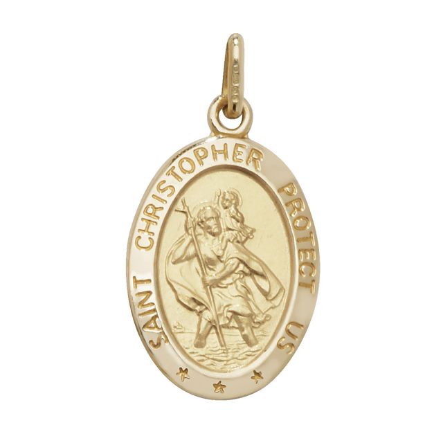 Buy Mens 9ct Gold 21mm Plain Oval Engravable Back St Christopher Pendant by World of Jewellery