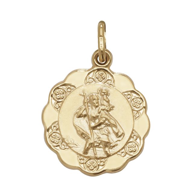 Buy Mens 9ct Gold 18mm Plain Wave Edge St Christopher Pendant by World of Jewellery