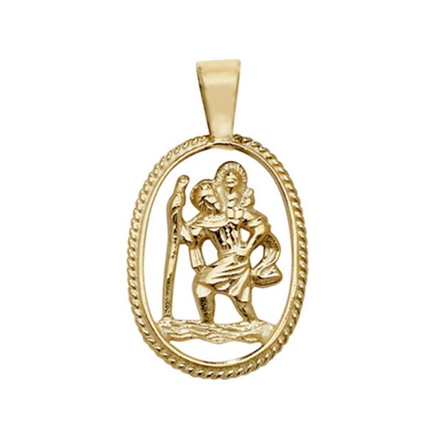 Buy Mens 9ct Gold 22mm Plain Rope Edge Oval Cut Out St Christopher Pendant by World of Jewellery