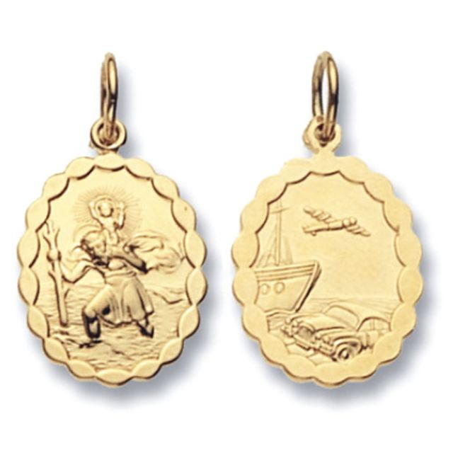Buy Mens 9ct Gold 19mm Double Sided Plain Oval St Christopher Pendant by World of Jewellery