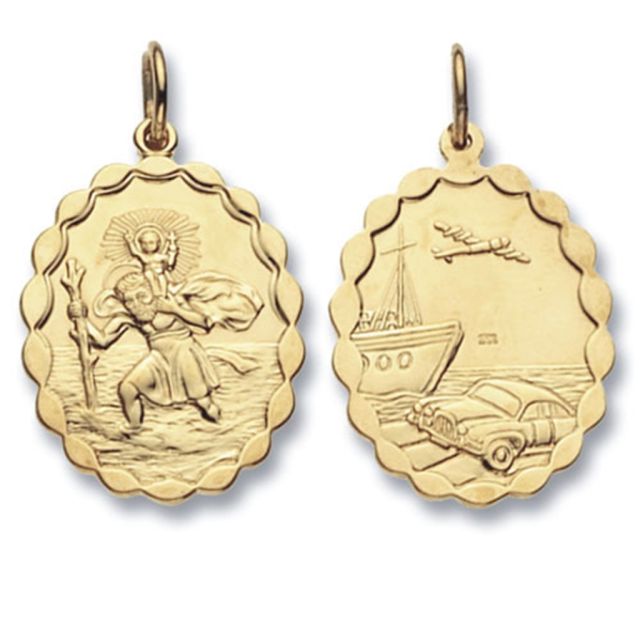 Buy Mens 9ct Gold 29mm Double Sided Plain Oval St Christopher Pendant by World of Jewellery