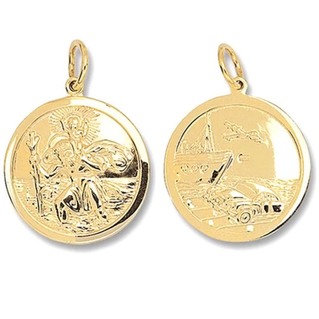 Buy Mens 9ct Gold 13mm Double Sided Plain Round St Christopher Pendant by World of Jewellery