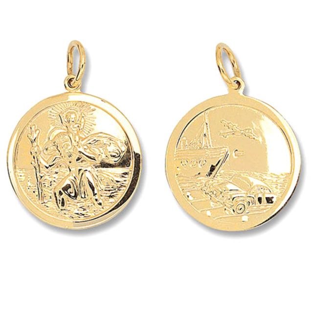 Buy Mens 9ct Gold 26mm Double Sided Plain Round St Christopher Pendant by World of Jewellery