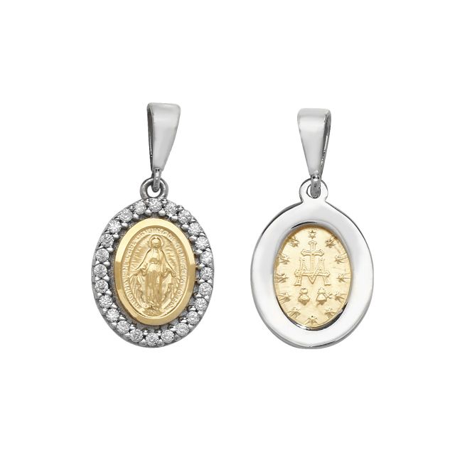 Buy Girls 9ct Yellow And White Gold 12mm Cubic Zirconia Double Sided Oval Madonna Pendant by World of Jewellery