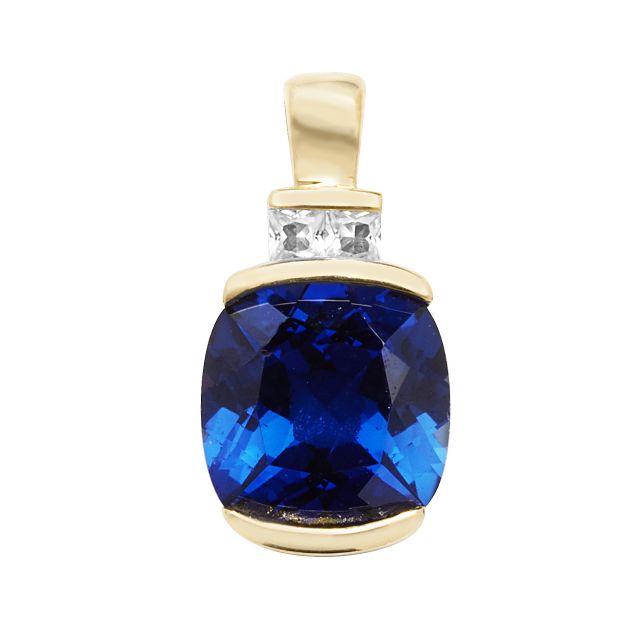 Buy 9ct Gold 11mm Created Sapphire and White Sapphire Cushion Pendant by World of Jewellery