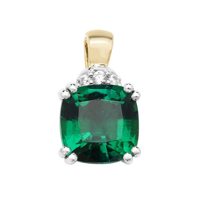 Buy Girls 9ct Gold 10mm Created Emerald and White Sapphire Cushion Pendant by World of Jewellery