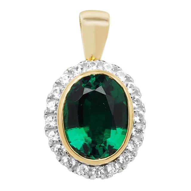 Buy 9ct Gold 12mm Created Emerald and White Sapphire Oval Pendant by World of Jewellery