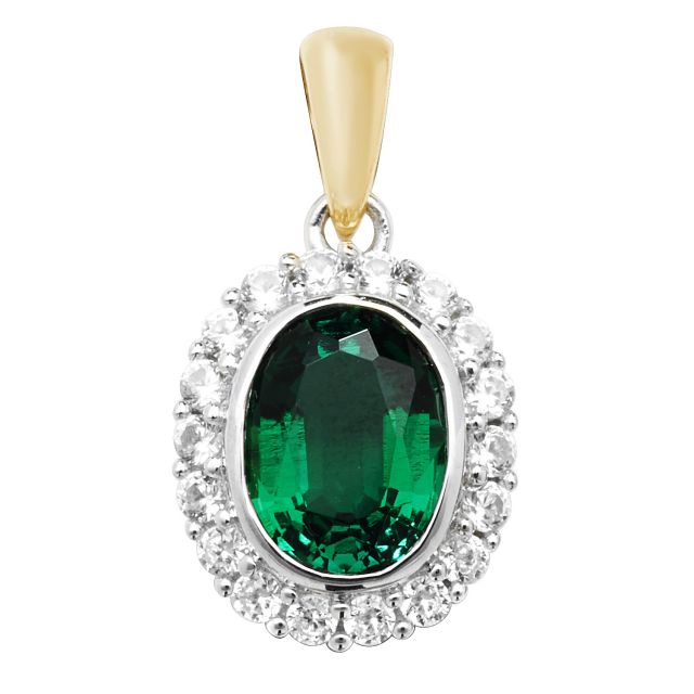 Buy Girls 9ct Gold 12mm Fancy Created Emerald and White Sapphire Oval Pendant by World of Jewellery