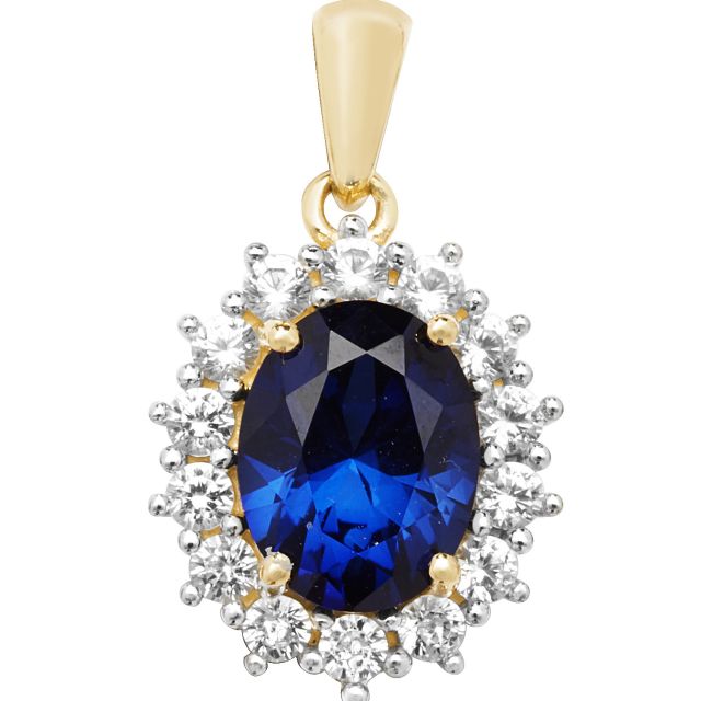 Buy Mens 9ct Gold 14mm Created Sapphire and White Sapphire Oval Pendant by World of Jewellery