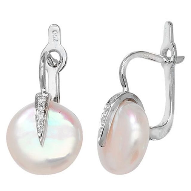 Buy 18ct White Gold Diamond & Flat Freshwater Pearl Drop Earrings by World of Jewellery