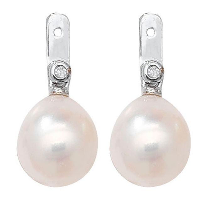 Buy 18ct White Gold Diamond & Freshwater Pearl Oval Drop Earrings by World of Jewellery