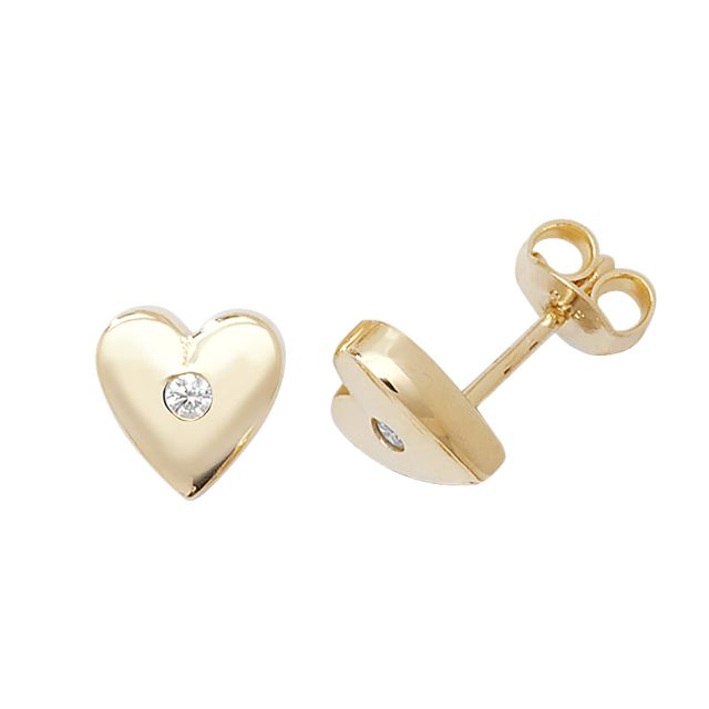 Buy 9ct Yellow Gold Cubic Zirconia Heart Stud Earrings by World of Jewellery