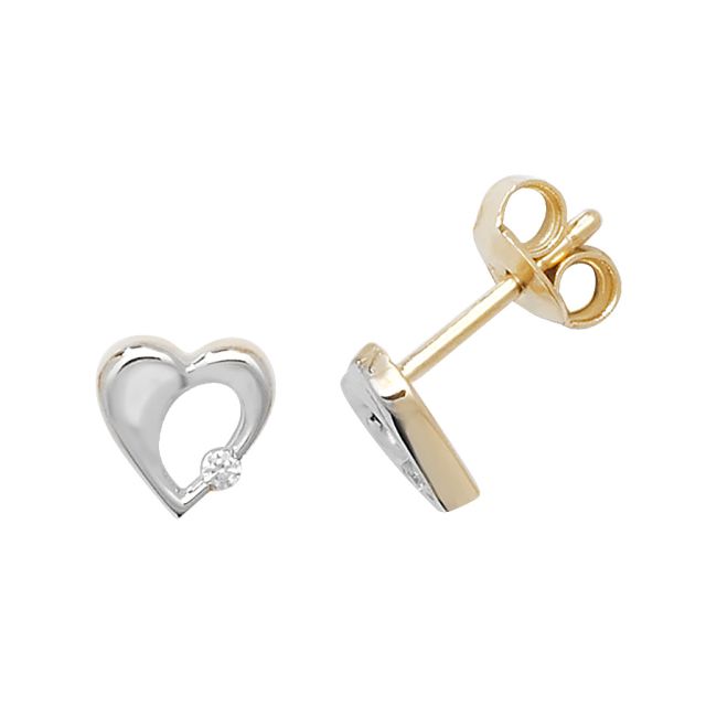 Buy 9ct Yellow and White Gold Cubic Zirconia Heart Stud Earrings by World of Jewellery