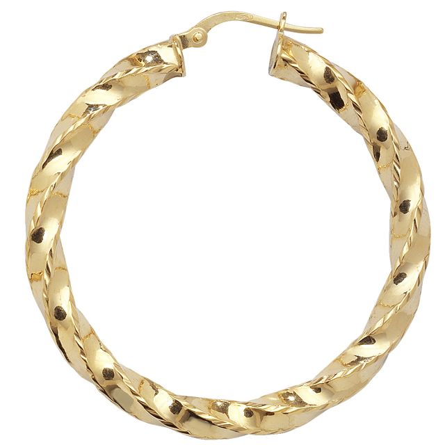 Buy 9ct Yellow Gold Large Diamond Cut Twist Hoop Earrings by World of Jewellery