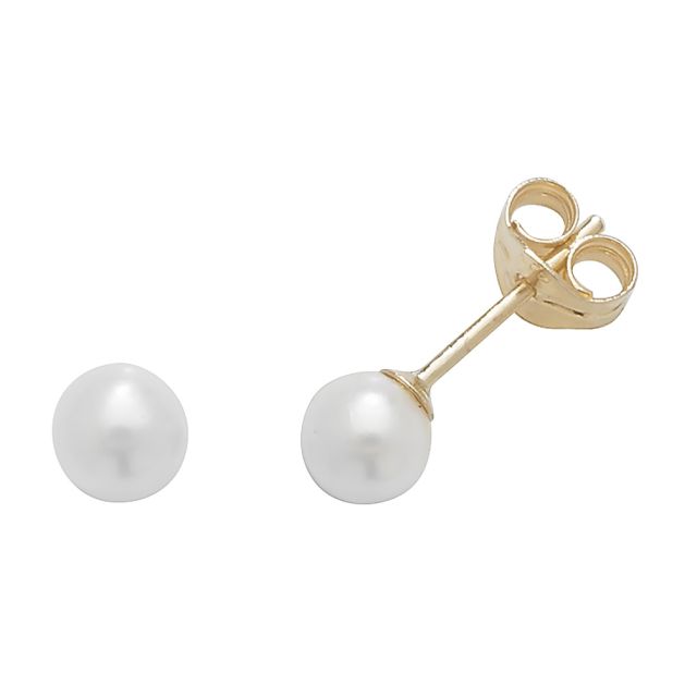 Buy 9ct Yellow Gold 4MM White Simulated Pearl Stud Earrings by World of Jewellery