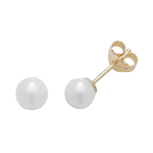 Buy 9ct Yellow Gold 5MM White Simulated Pearl Stud Earrings by World of Jewellery