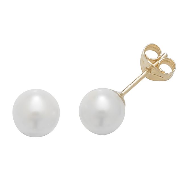 Buy 9ct Yellow Gold 6MM White Simulated Pearl Stud Earrings by World of Jewellery