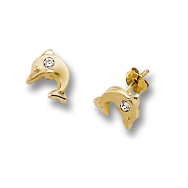 Buy 9ct Yellow Gold Dolphin With Cubic Zirconia Stud Earrings by World of Jewellery