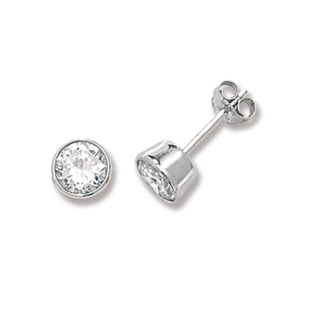 Buy Sterling Silver 6MM Cubic Zirconia Round Rub Over Stud Earrings by World of Jewellery