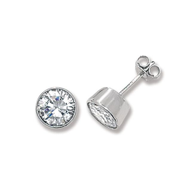 Buy Sterling Silver 7MM Cubic Zirconia Round Rub Over Stud Earrings by World of Jewellery