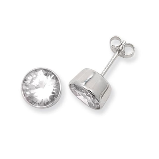 Buy Sterling Silver 8MM Cubic Zirconia Round Rub Over Stud Earrings by World of Jewellery