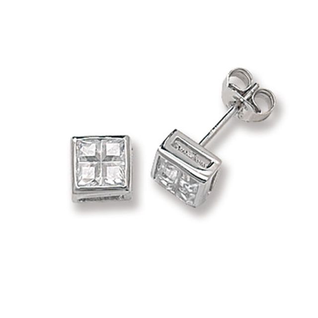 Buy Sterling Silver 6MM Cubic Zirconia Square Stud Earrings by World of Jewellery