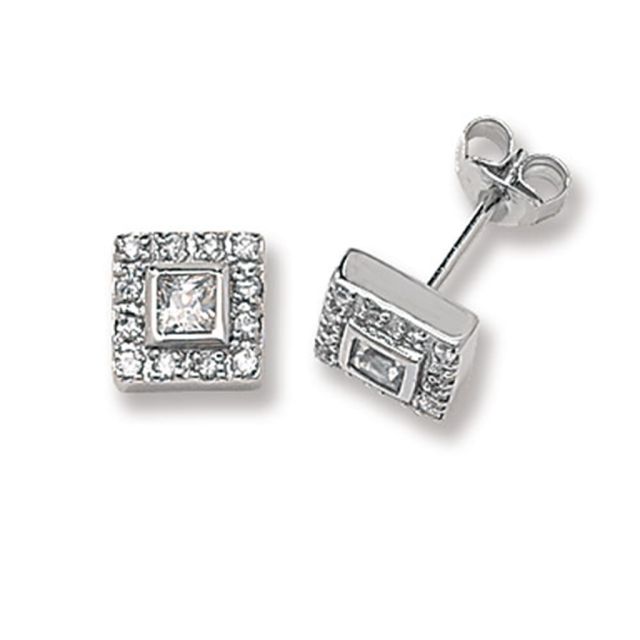 Buy Sterling Silver 9MM Cubic Zirconia Square Stud Earrings by World of Jewellery