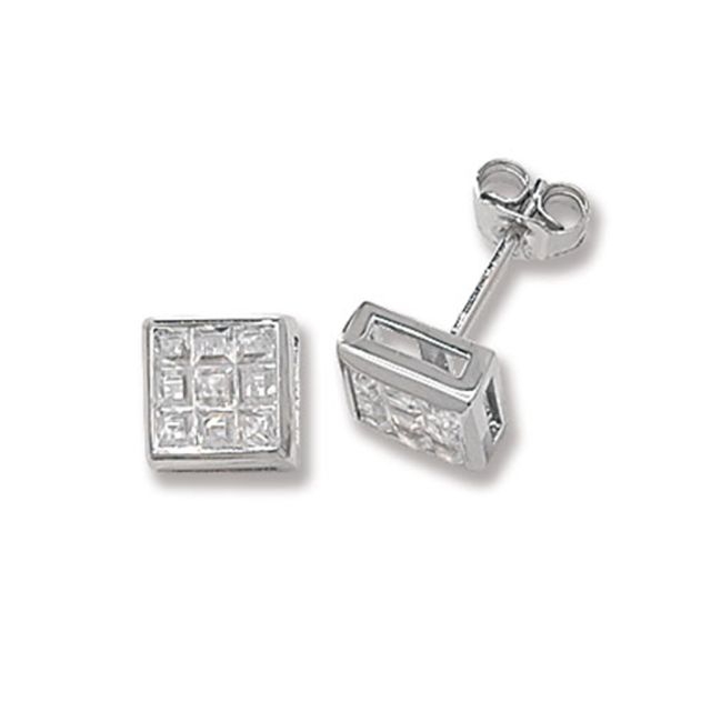 Buy Sterling Silver 8MM Cubic Zirconia Square Stud Earrings by World of Jewellery
