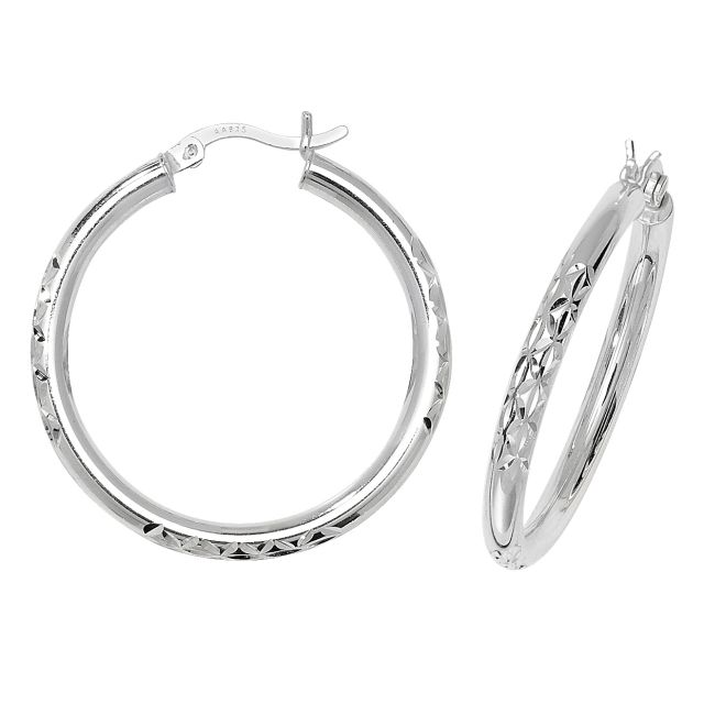 Buy Sterling Silver 32MM Diamond Cut Hoop Earrings by World of Jewellery