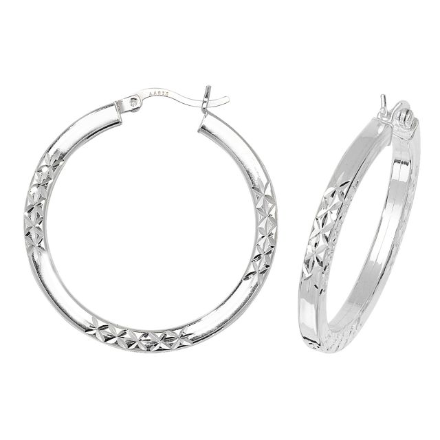 Buy Sterling Silver 31MM Diamond Cut Square Tube Hoop Earrings by World of Jewellery