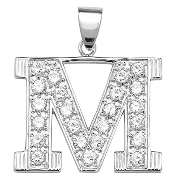 Buy Sterling Silver Cubic Zirconia Set 24mm High Initial M Pendant by World of Jewellery