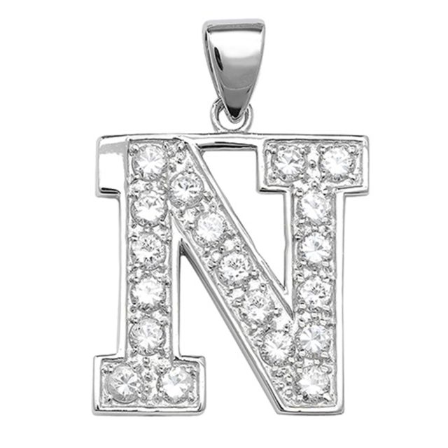 Buy Sterling Silver Cubic Zirconia Set 24mm High Initial N Pendant by World of Jewellery