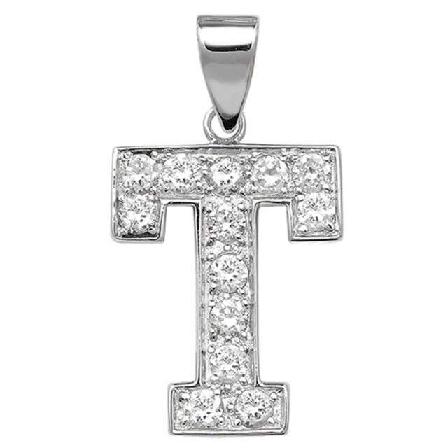 Buy Sterling Silver Cubic Zirconia Set 24mm High Initial T Pendant by World of Jewellery
