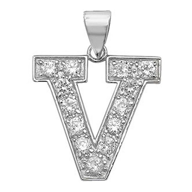 Buy Sterling Silver Cubic Zirconia Set 24mm High Initial V Pendant by World of Jewellery