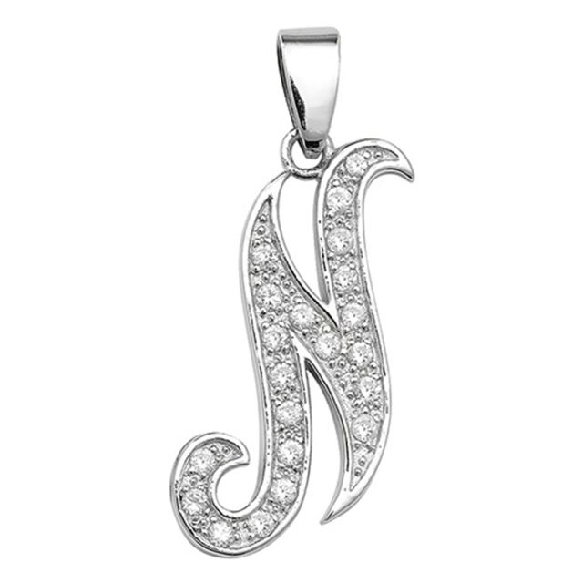 Buy Sterling Silver Cubic Zirconia Set 25mm High Fancy Initial N Pendant by World of Jewellery