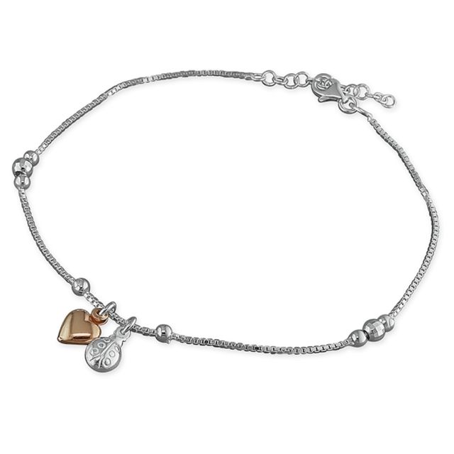 Buy Sterling Silver With Rose Gold-Plated Heart Ladybird Anklet by World of Jewellery