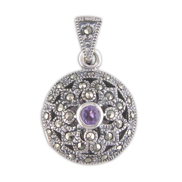 Buy Sterling Silver Amethyst & Marcasite Fancy Round Locket by World of Jewellery