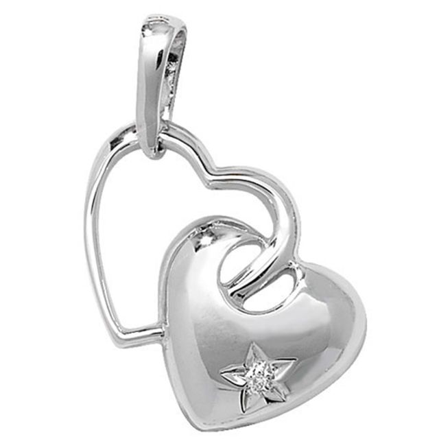 Buy 9ct White Gold 0.003ct Diamond Set Double Heart Pendant On A Belcher Necklace by World of Jewellery