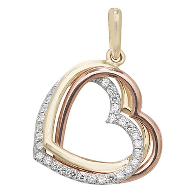 Buy 9ct Multi Colour Gold Cubic Zirconia Triple Heart Pendant On A Belcher Necklace by World of Jewellery