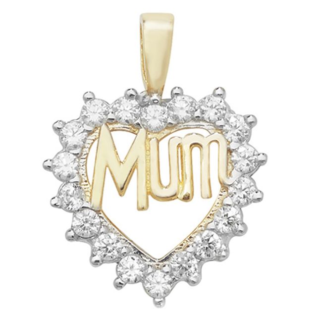 Buy 9ct Gold Cubic Zirconia Mum Heart Pendant On A Belcher Necklace by World of Jewellery