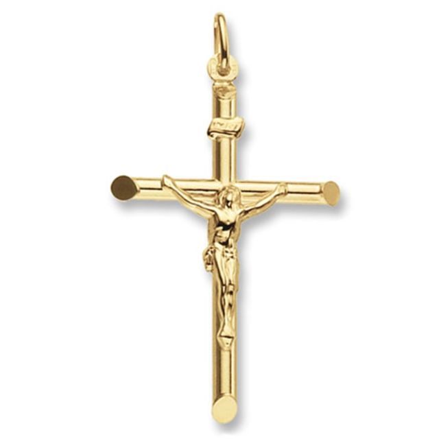 Buy 9ct Gold Tubular Crucifix Pendant On A Belcher Necklace by World of Jewellery