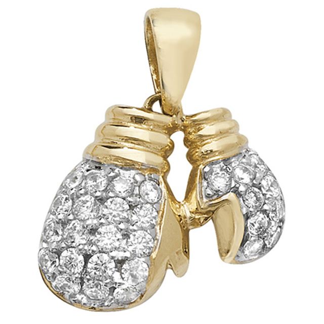 Buy Men's 9ct Gold Cubic Zirconia Double Boxing Glove Pendant On A Curb Necklace by World of Jewellery