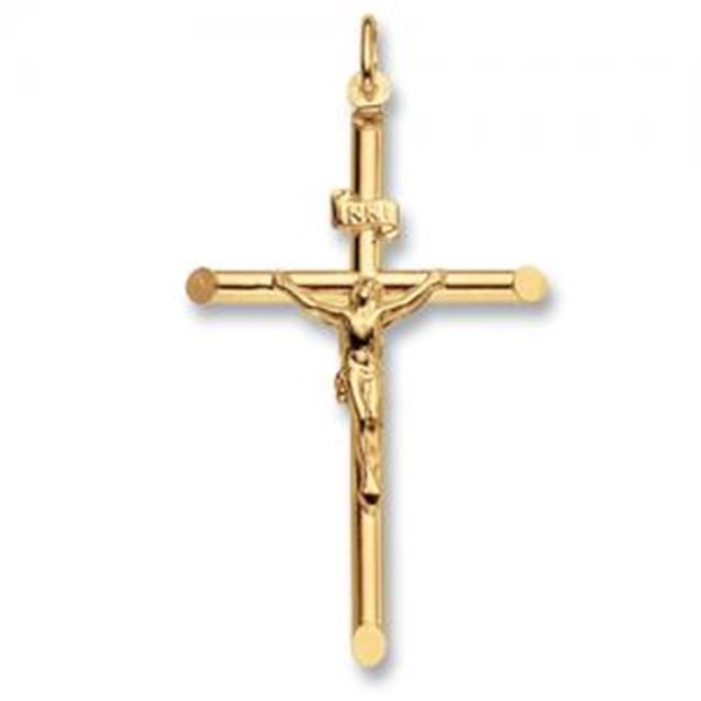 Buy 9ct Gold Tubular Crucifix Pendant On A Belcher Necklace by World of Jewellery