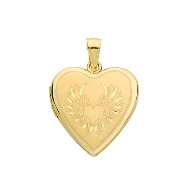 Buy 9ct Gold Angle Wings Engraved Heart Locket On A Belcher Necklace by World of Jewellery
